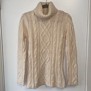 Eddie Bauer Merino Wool Turtleneck Sweater Womens M Cable Knit Ivory Fisherman